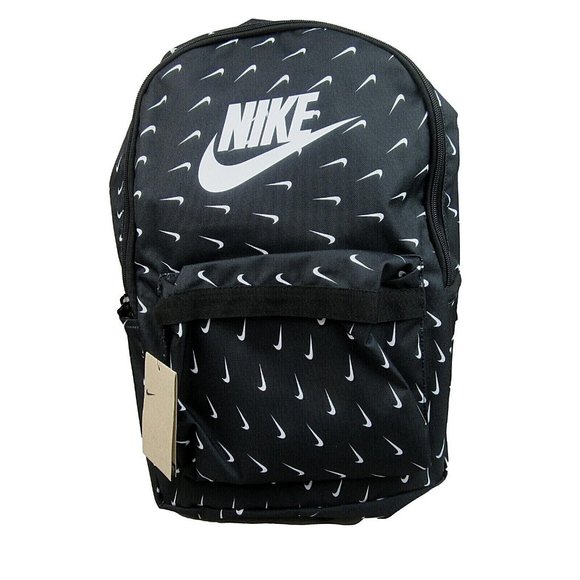 Nike Heritage Backpack School Travel Bag Black All Over Swoosh NEW - Picture 1 of 11